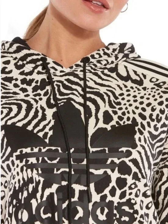 adidas Originals Leopard Print Cropped Trefoil Hoodie OVERSIZED - Picture 3 of 12